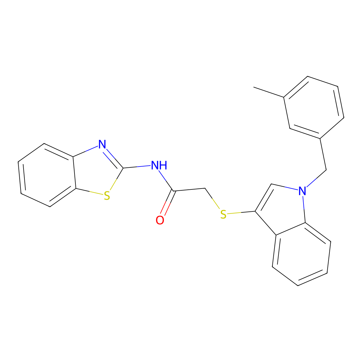 N-(1,3-benzothiazol-2-yl)-2-[1-[(3-methylphenyl)methyl]indol-3-yl]sulfanylacetamide molecular structure, CAS 681276-01-7