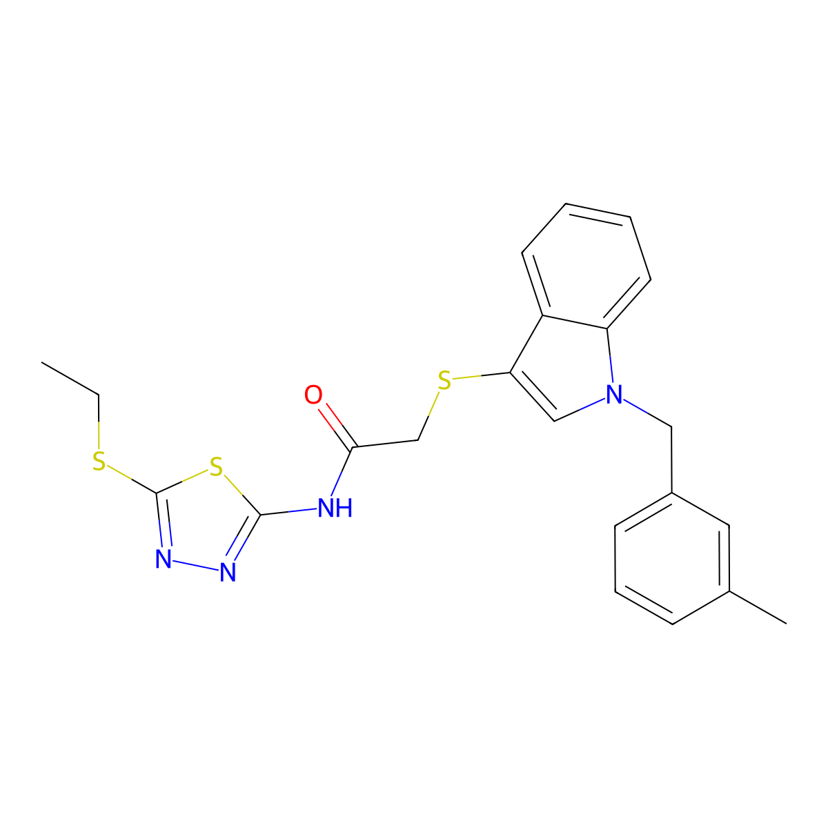 N-(5-ethylsulfanyl-1,3,4-thiadiazol-2-yl)-2-[1-[(3-methylphenyl)methyl]indol-3-yl]sulfanylacetamide molecular structure, CAS 681276-02-8