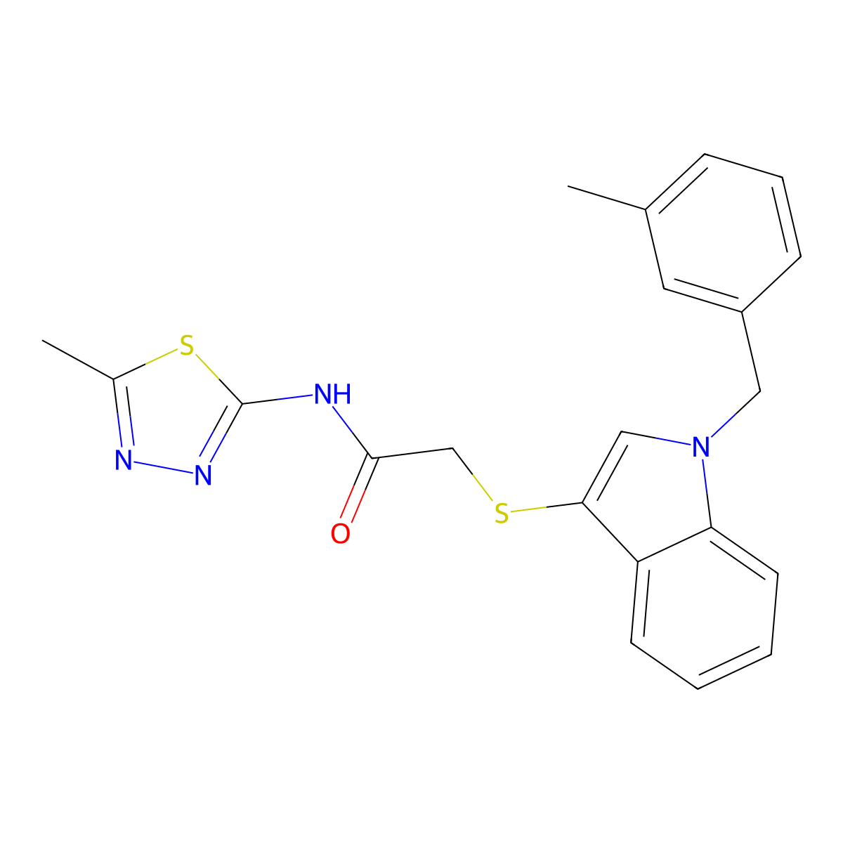2-[1-[(3-methylphenyl)methyl]indol-3-yl]sulfanyl-N-(5-methyl-1,3,4-thiadiazol-2-yl)acetamide molecular structure, CAS 681276-03-9