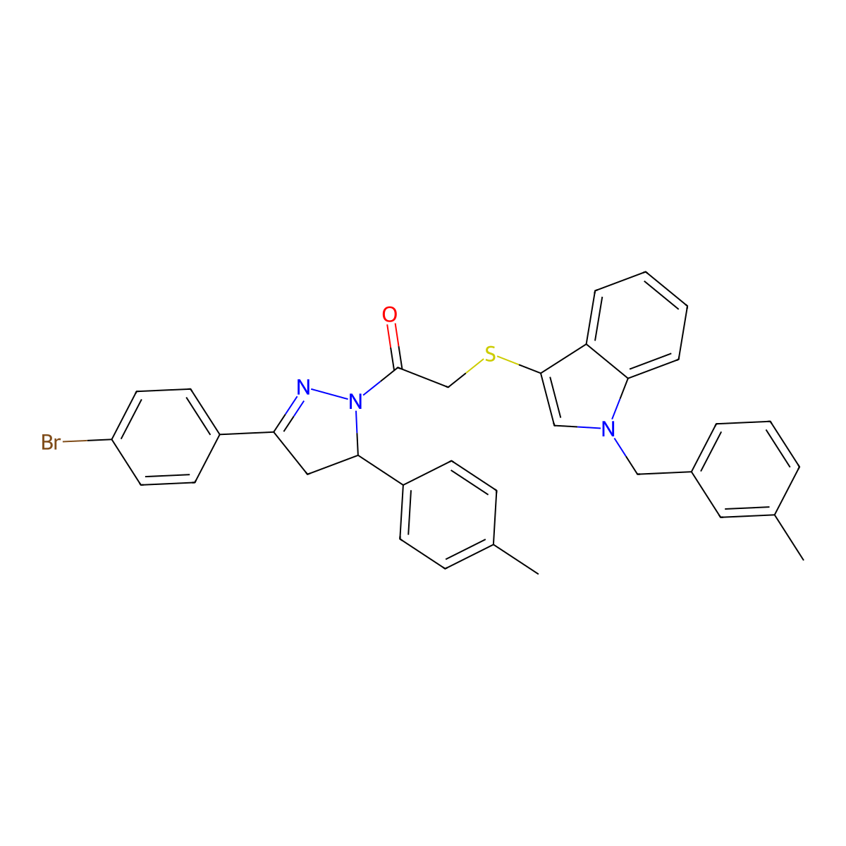1-(3-(4-bromophenyl)-5-(p-tolyl)-4,5-dihydro-1H-pyrazol-1-yl)-2-((1-(3-methylbenzyl)-1H-indol-3-yl)thio)ethanone molecular structure, CAS 681276-06-2
