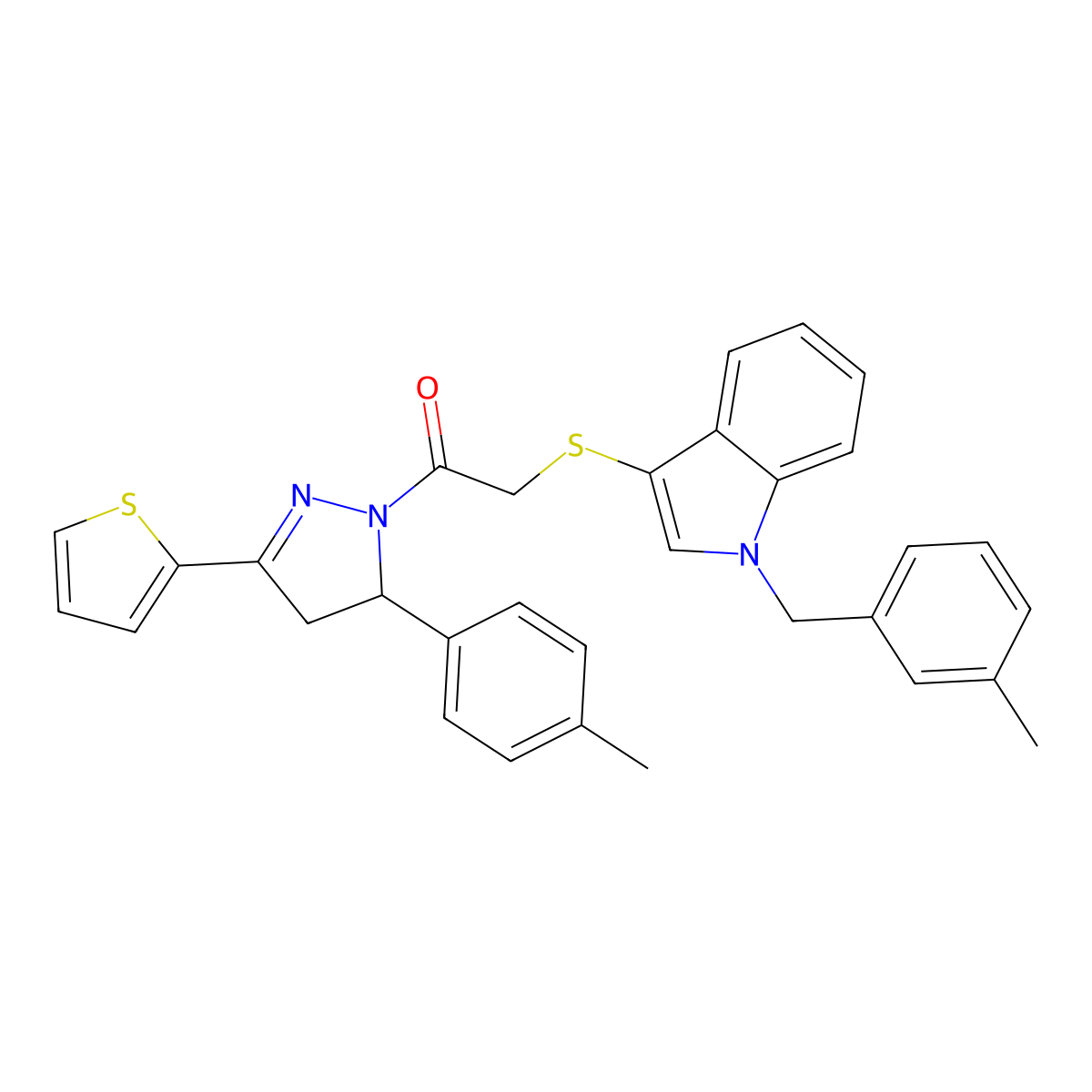 2-((1-(3-methylbenzyl)-1H-indol-3-yl)thio)-1-(3-(thiophen-2-yl)-5-(p-tolyl)-4,5-dihydro-1H-pyrazol-1-yl)ethanone molecular structure, CAS 681276-09-5
