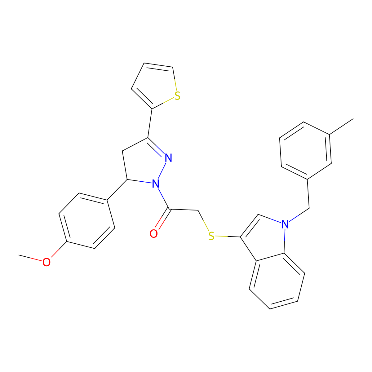 1-[3-(4-Methoxyphenyl)-5-thiophen-2-yl-3,4-dihydropyrazol-2-yl]-2-[1-[(3-methylphenyl)methyl]indol-3-yl]sulfanylethanone molecular structure, CAS 681276-11-9