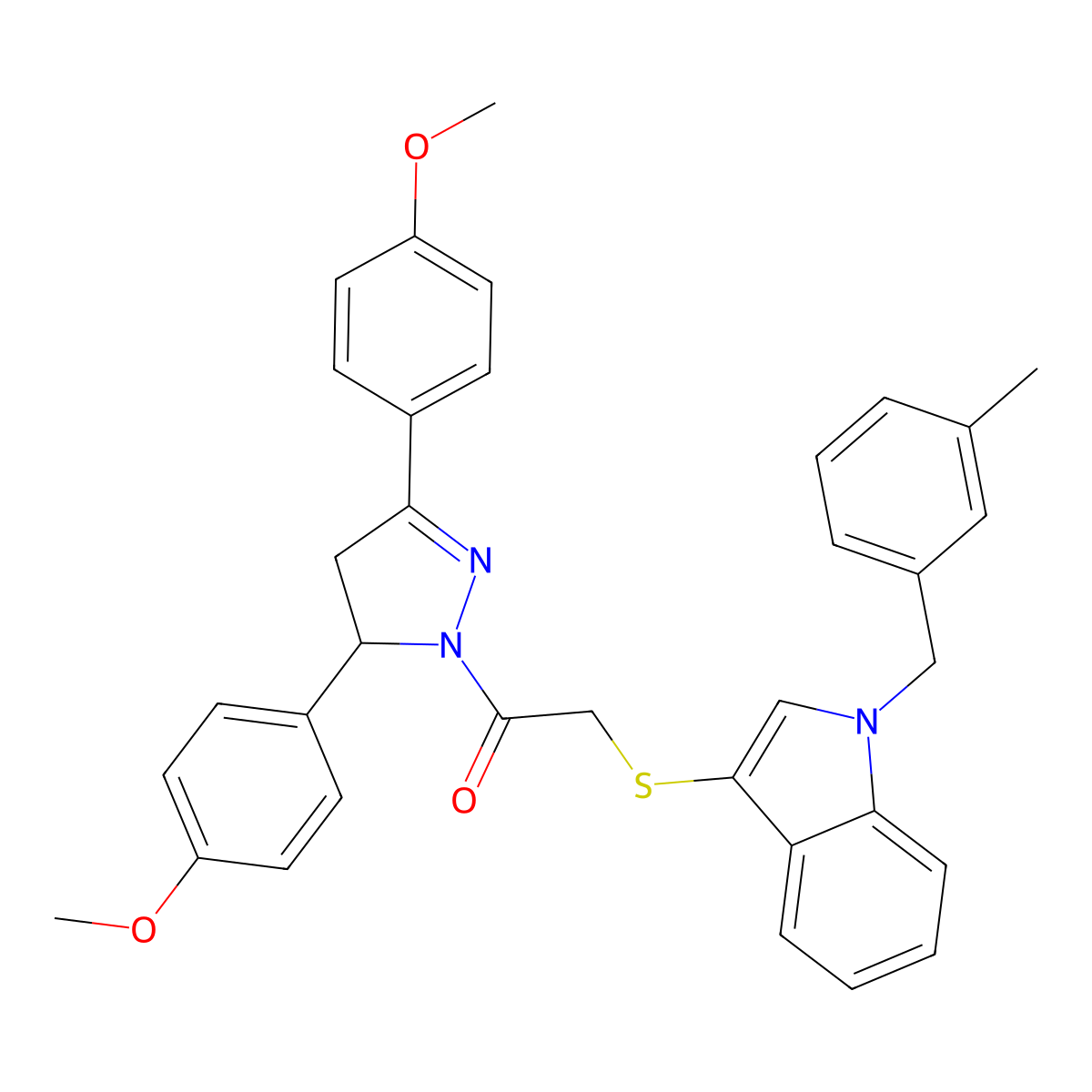 1-[3,5-Bis(4-methoxyphenyl)-3,4-dihydropyrazol-2-yl]-2-[1-[(3-methylphenyl)methyl]indol-3-yl]sulfanylethanone molecular structure, CAS 681276-12-0