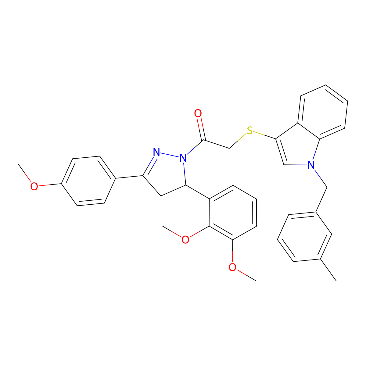 1-(5-(2,3-dimethoxyphenyl)-3-(4-methoxyphenyl)-4,5-dihydro-1H-pyrazol-1-yl)-2-((1-(3-methylbenzyl)-1H-indol-3-yl)thio)ethanone molecular structure, CAS 681276-14-2