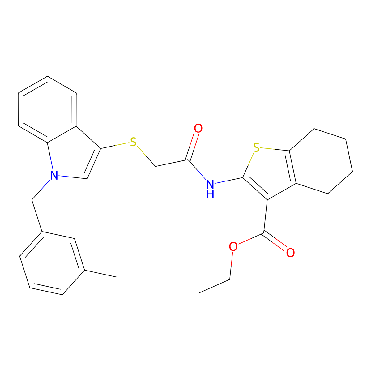ethyl 2-(2-((1-(3-methylbenzyl)-1H-indol-3-yl)thio)acetamido)-4,5,6,7-tetrahydrobenzo[b]thiophene-3-carboxylate molecular structure, CAS 681276-17-5