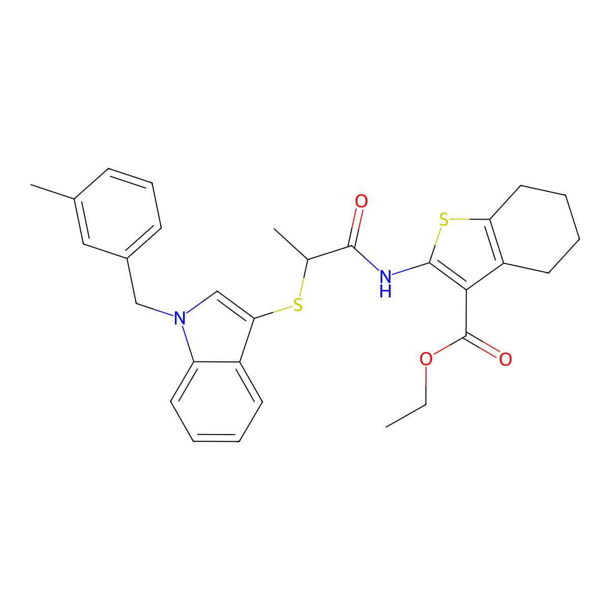 Ethyl 2-[2-[1-[(3-methylphenyl)methyl]indol-3-yl]sulfanylpropanoylamino]-4,5,6,7-tetrahydro-1-benzothiophene-3-carboxylate molecular structure, CAS 681276-18-6