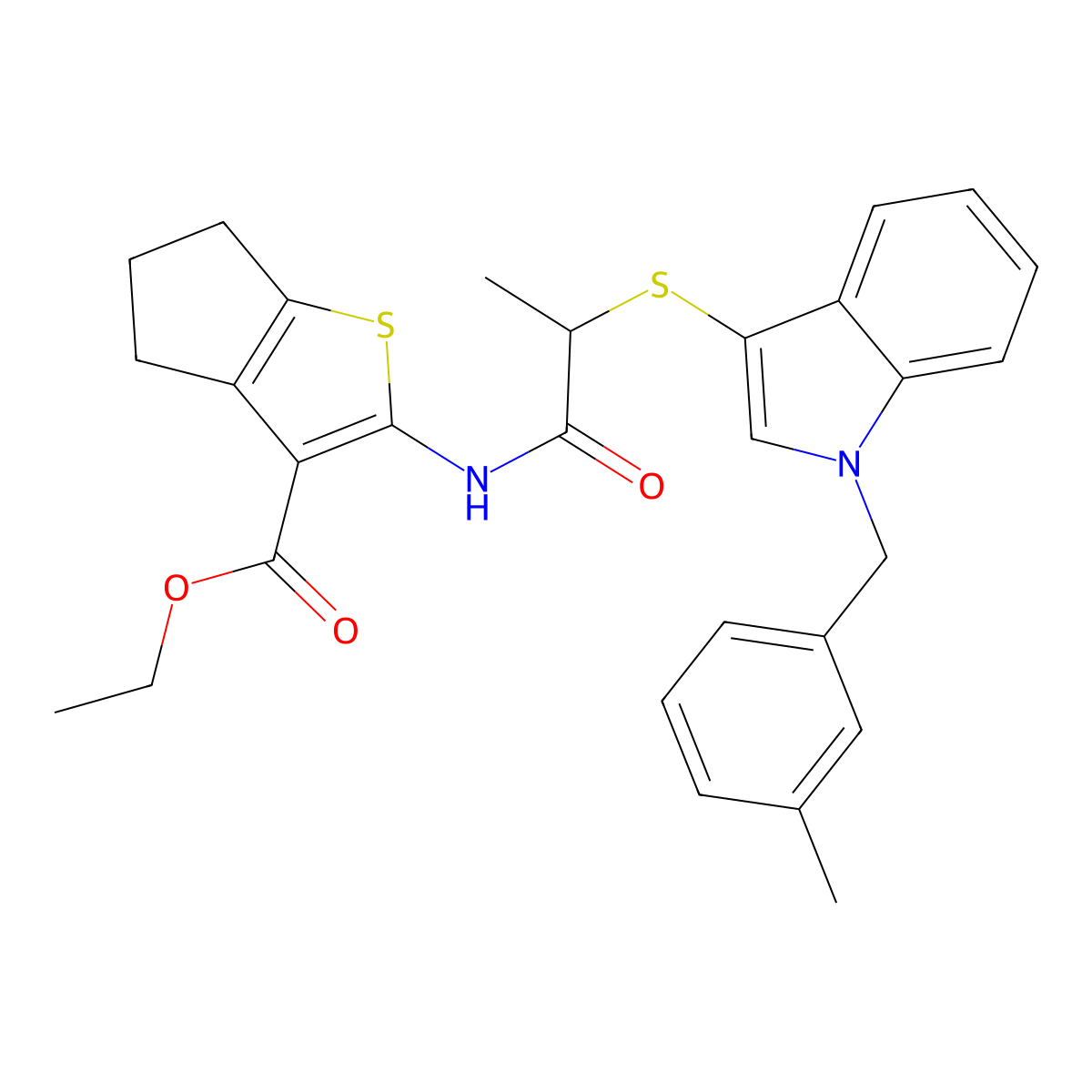 ethyl 2-(2-((1-(3-methylbenzyl)-1H-indol-3-yl)thio)propanamido)-5,6-dihydro-4H-cyclopenta[b]thiophene-3-carboxylate molecular structure, CAS 681276-20-0