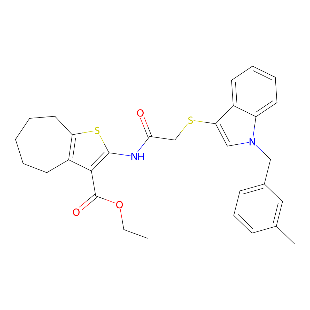 ethyl 2-[[2-[1-[(3-methylphenyl)methyl]indol-3-yl]sulfanylacetyl]amino]-5,6,7,8-tetrahydro-4H-cyclohepta[b]thiophene-3-carboxylate molecular structure, CAS 681276-21-1