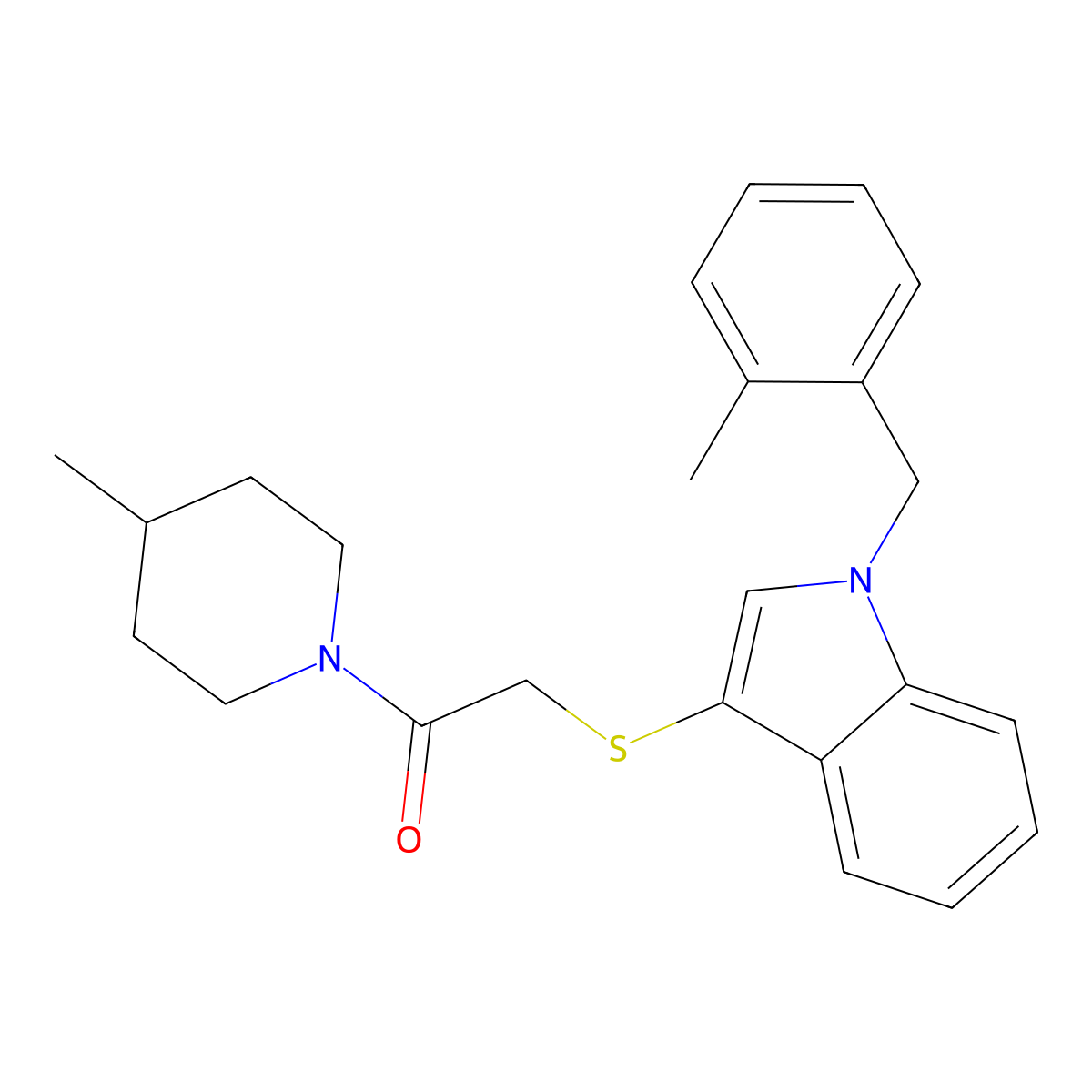 2-((1-(2-methylbenzyl)-1H-indol-3-yl)thio)-1-(4-methylpiperidin-1-yl)ethanone molecular structure, CAS 681276-37-9