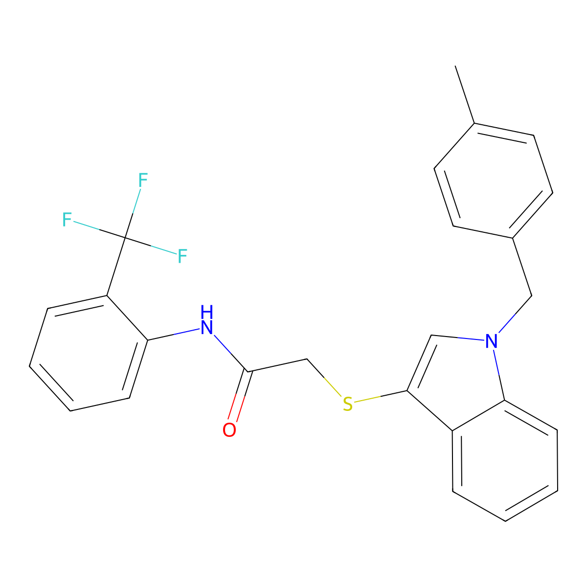 2-[1-[(4-methylphenyl)methyl]indol-3-yl]sulfanyl-N-[2-(trifluoromethyl)phenyl]acetamide molecular structure, CAS 681276-69-7