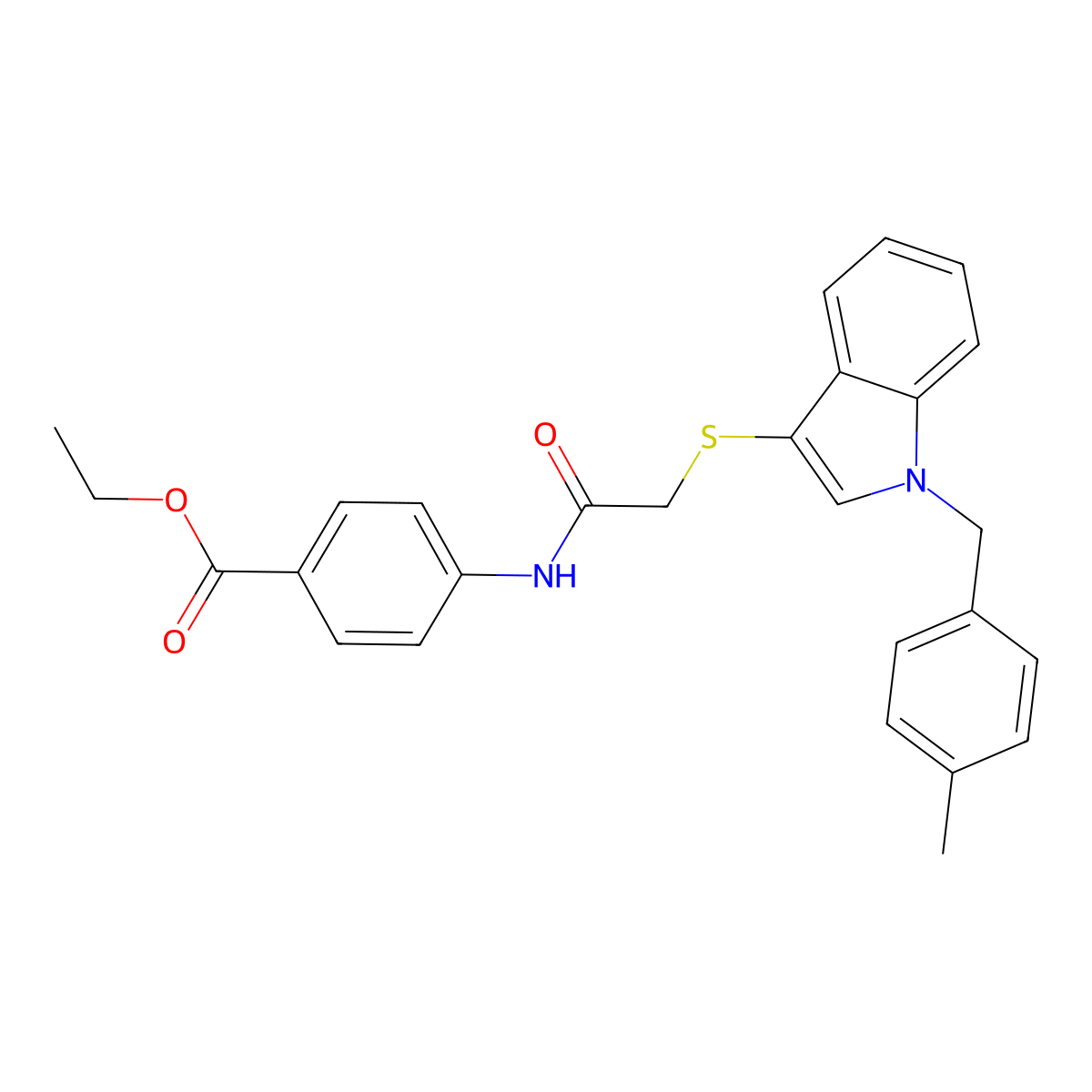 Ethyl 4-[[2-[1-[(4-methylphenyl)methyl]indol-3-yl]sulfanylacetyl]amino]benzoate molecular structure, CAS 681276-74-4