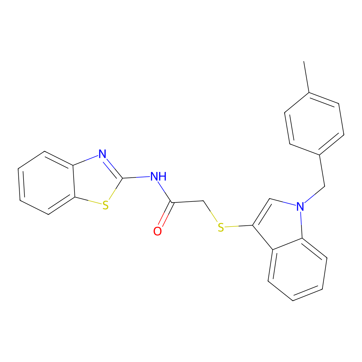 N-(1,3-benzothiazol-2-yl)-2-[1-[(4-methylphenyl)methyl]indol-3-yl]sulfanylacetamide molecular structure, CAS 681276-85-7