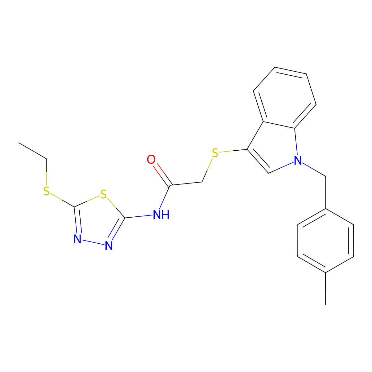 N-(5-ethylsulfanyl-1,3,4-thiadiazol-2-yl)-2-[1-[(4-methylphenyl)methyl]indol-3-yl]sulfanylacetamide molecular structure, CAS 681276-86-8