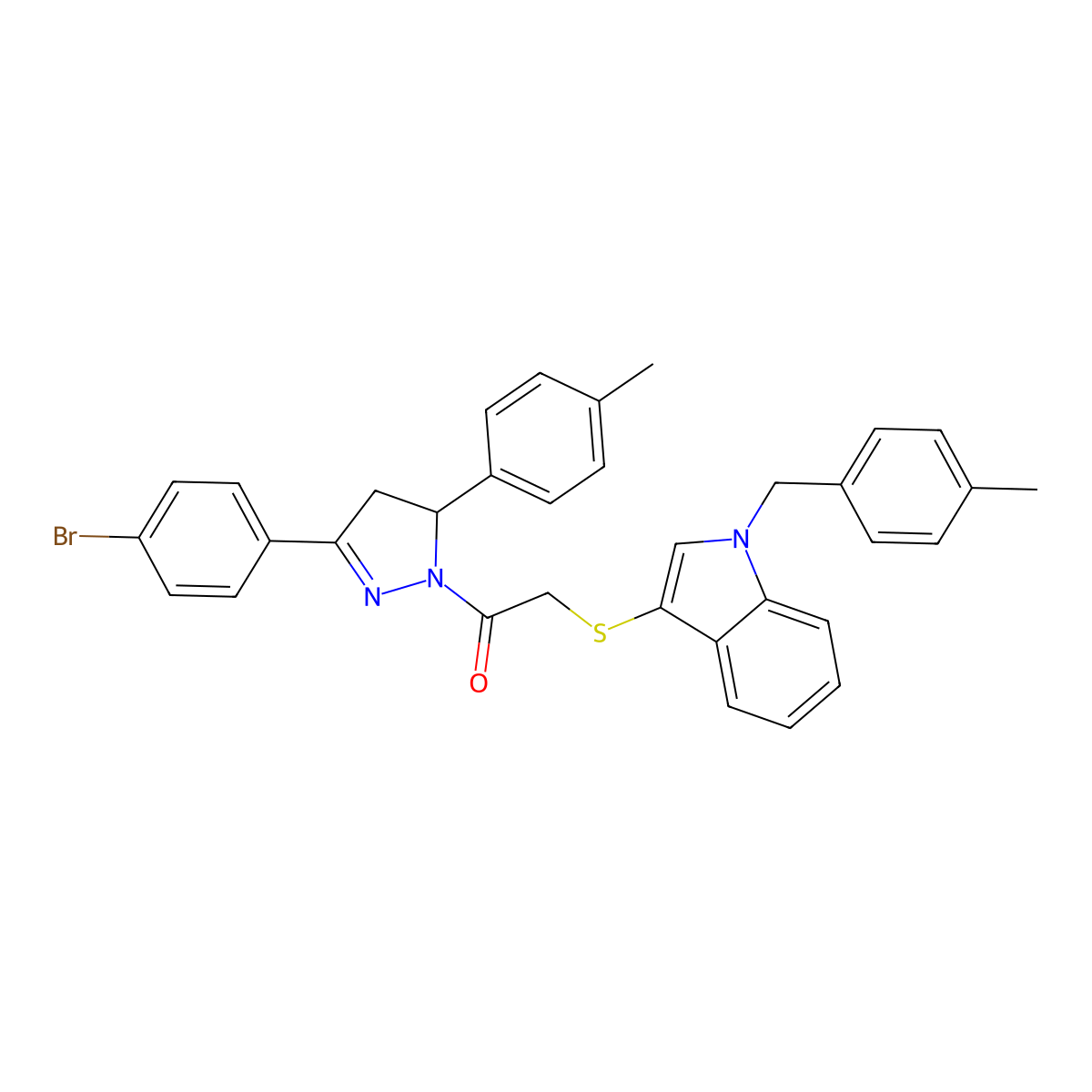 1-[5-(4-Bromophenyl)-3-(4-methylphenyl)-3,4-dihydropyrazol-2-yl]-2-[1-[(4-methylphenyl)methyl]indol-3-yl]sulfanylethanone molecular structure, CAS 681276-90-4