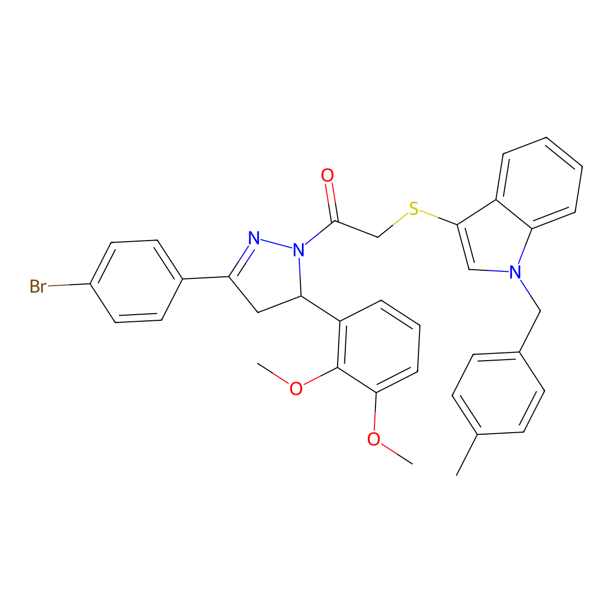 1-(3-(4-bromophenyl)-5-(2,3-dimethoxyphenyl)-4,5-dihydro-1H-pyrazol-1-yl)-2-((1-(4-methylbenzyl)-1H-indol-3-yl)thio)ethanone molecular structure, CAS 681276-99-3