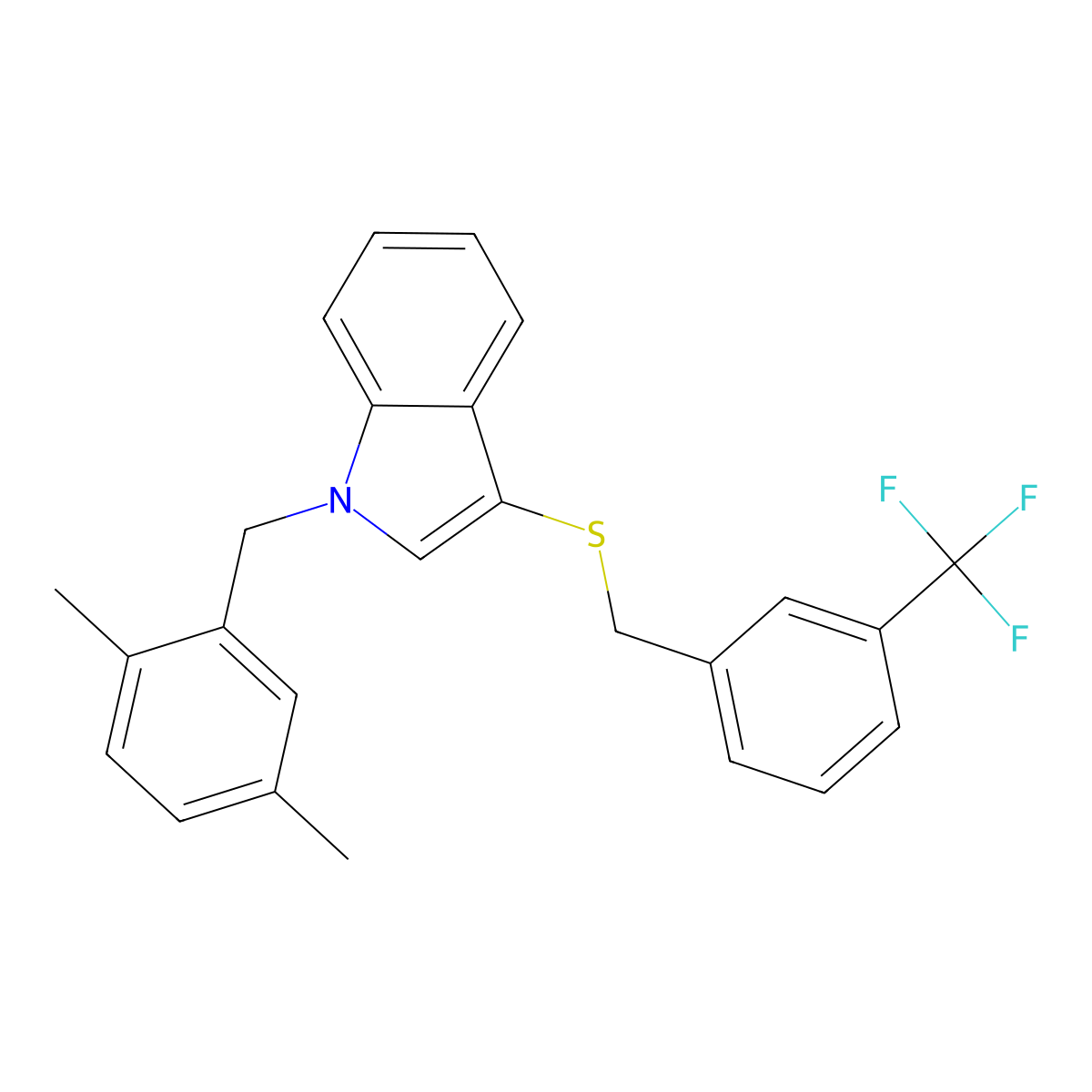 1-(2,5-dimethylbenzyl)-3-((3-(trifluoromethyl)benzyl)thio)-1H-indole molecular structure, CAS 681279-37-8