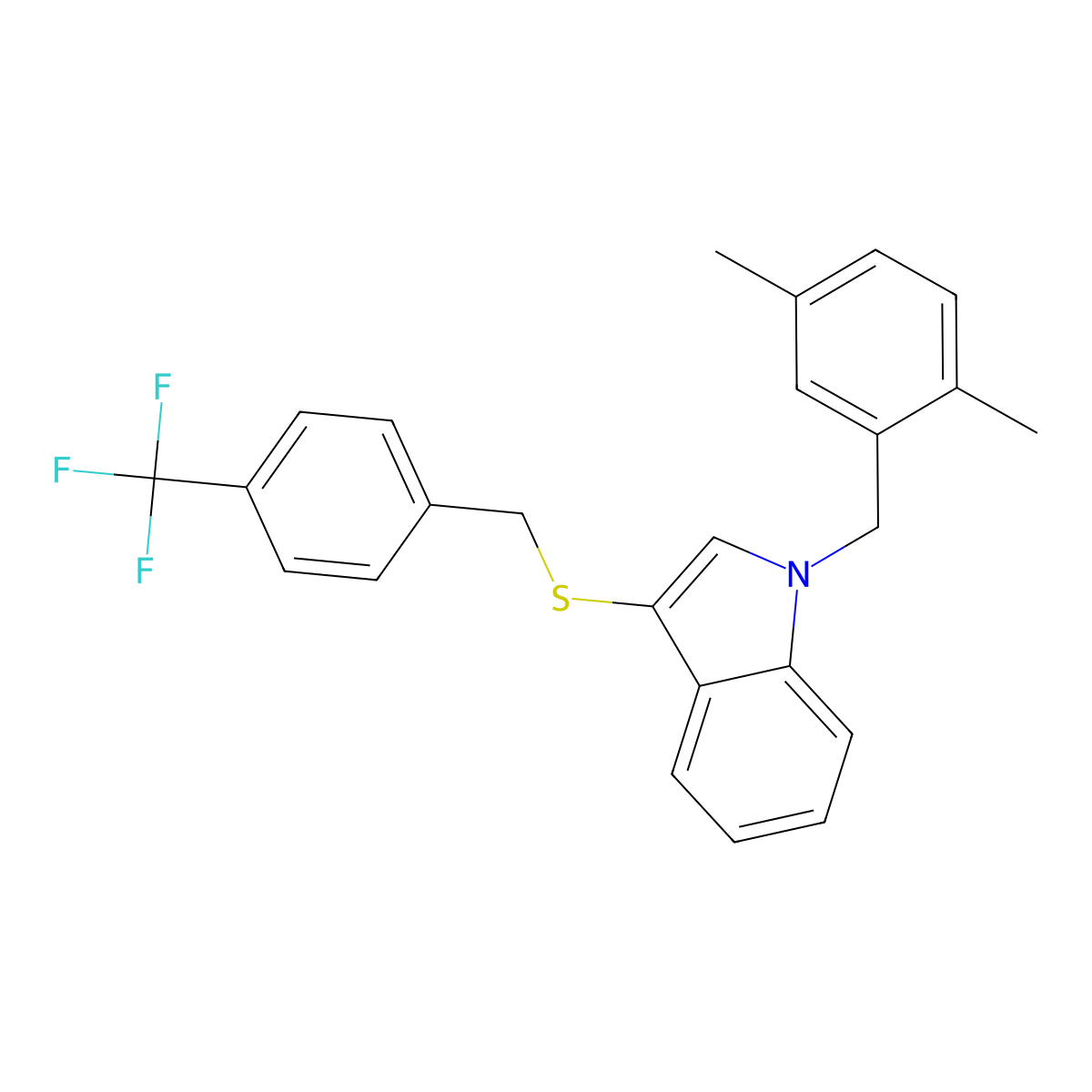 1-(2,5-dimethylbenzyl)-3-((4-(trifluoromethyl)benzyl)thio)-1H-indole molecular structure, CAS 681279-38-9