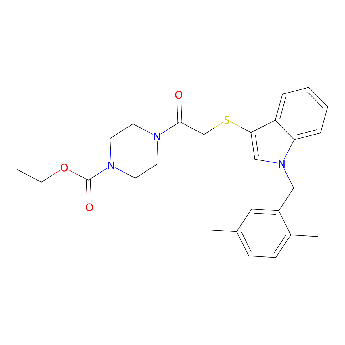 Ethyl 4-[2-[1-[(2,5-dimethylphenyl)methyl]indol-3-yl]sulfanylacetyl]piperazine-1-carboxylate molecular structure, CAS 681279-49-2