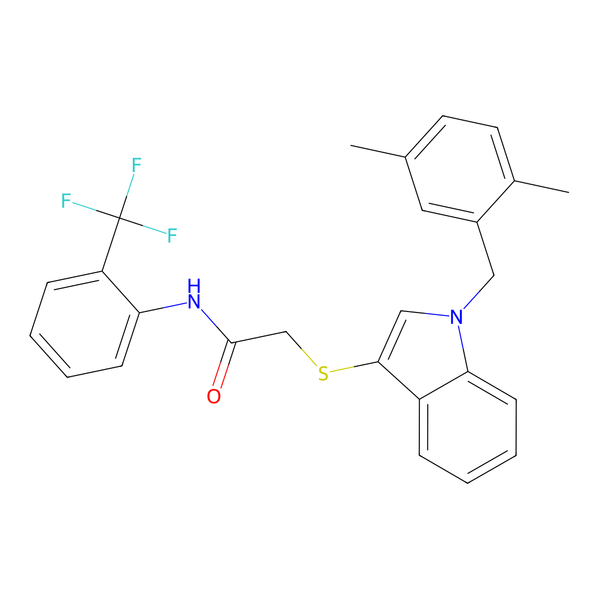 2-[1-[(2,5-dimethylphenyl)methyl]indol-3-yl]sulfanyl-N-[2-(trifluoromethyl)phenyl]acetamide molecular structure, CAS 681279-56-1