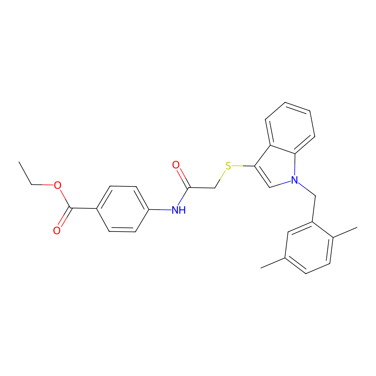 Ethyl 4-[[2-[1-[(2,5-dimethylphenyl)methyl]indol-3-yl]sulfanylacetyl]amino]benzoate molecular structure, CAS 681279-61-8