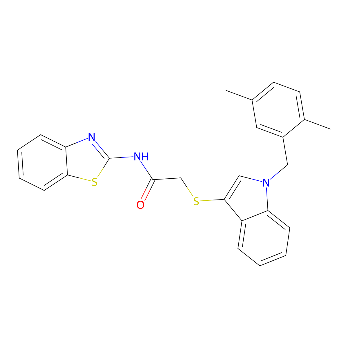N-(benzo[d]thiazol-2-yl)-2-((1-(2,5-dimethylbenzyl)-1H-indol-3-yl)thio)acetamide molecular structure, CAS 681279-74-3