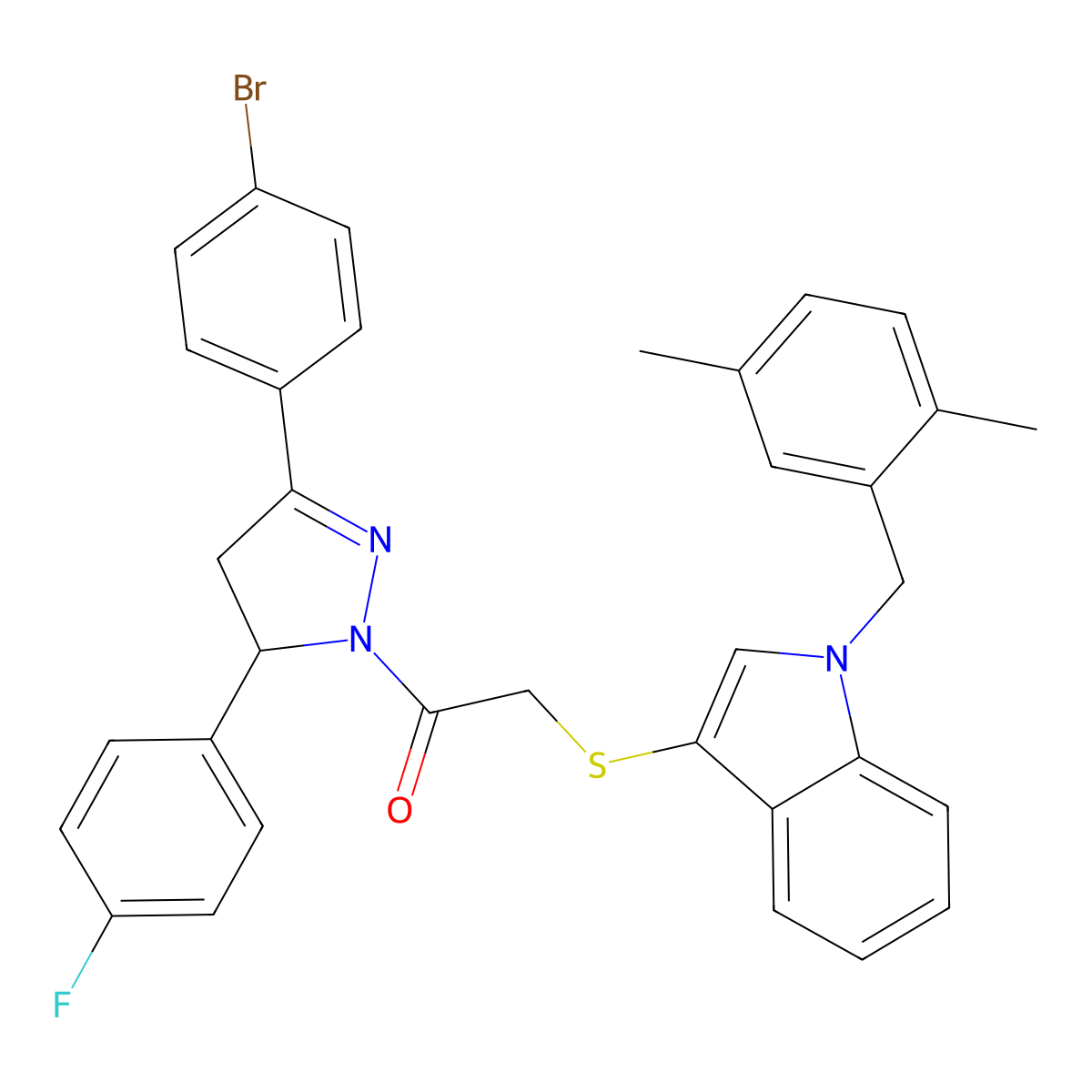 1-(3-(4-bromophenyl)-5-(4-fluorophenyl)-4,5-dihydro-1H-pyrazol-1-yl)-2-((1-(2,5-dimethylbenzyl)-1H-indol-3-yl)thio)ethanone molecular structure, CAS 681279-78-7