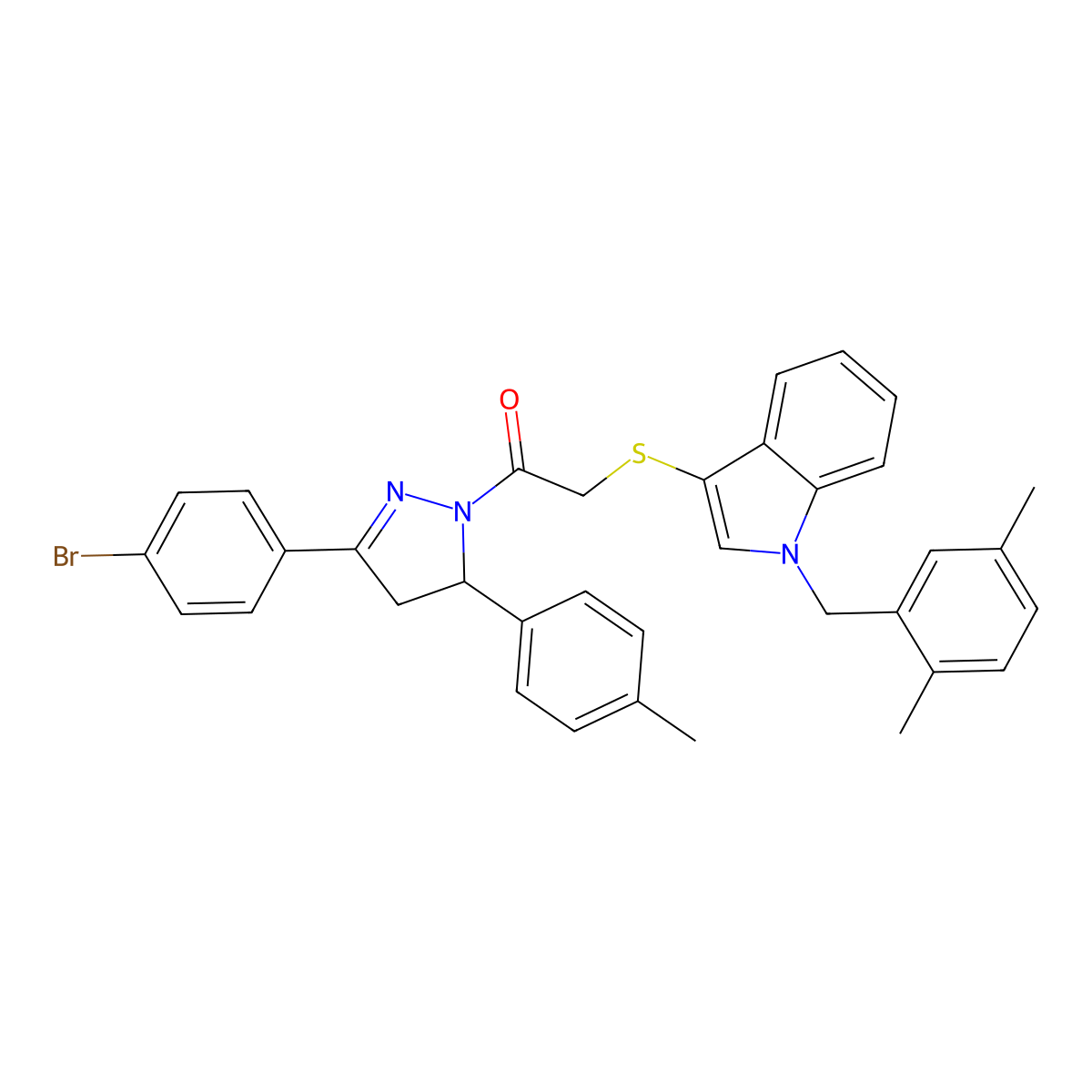 1-(3-(4-bromophenyl)-5-(p-tolyl)-4,5-dihydro-1H-pyrazol-1-yl)-2-((1-(2,5-dimethylbenzyl)-1H-indol-3-yl)thio)ethanone molecular structure, CAS 681279-79-8