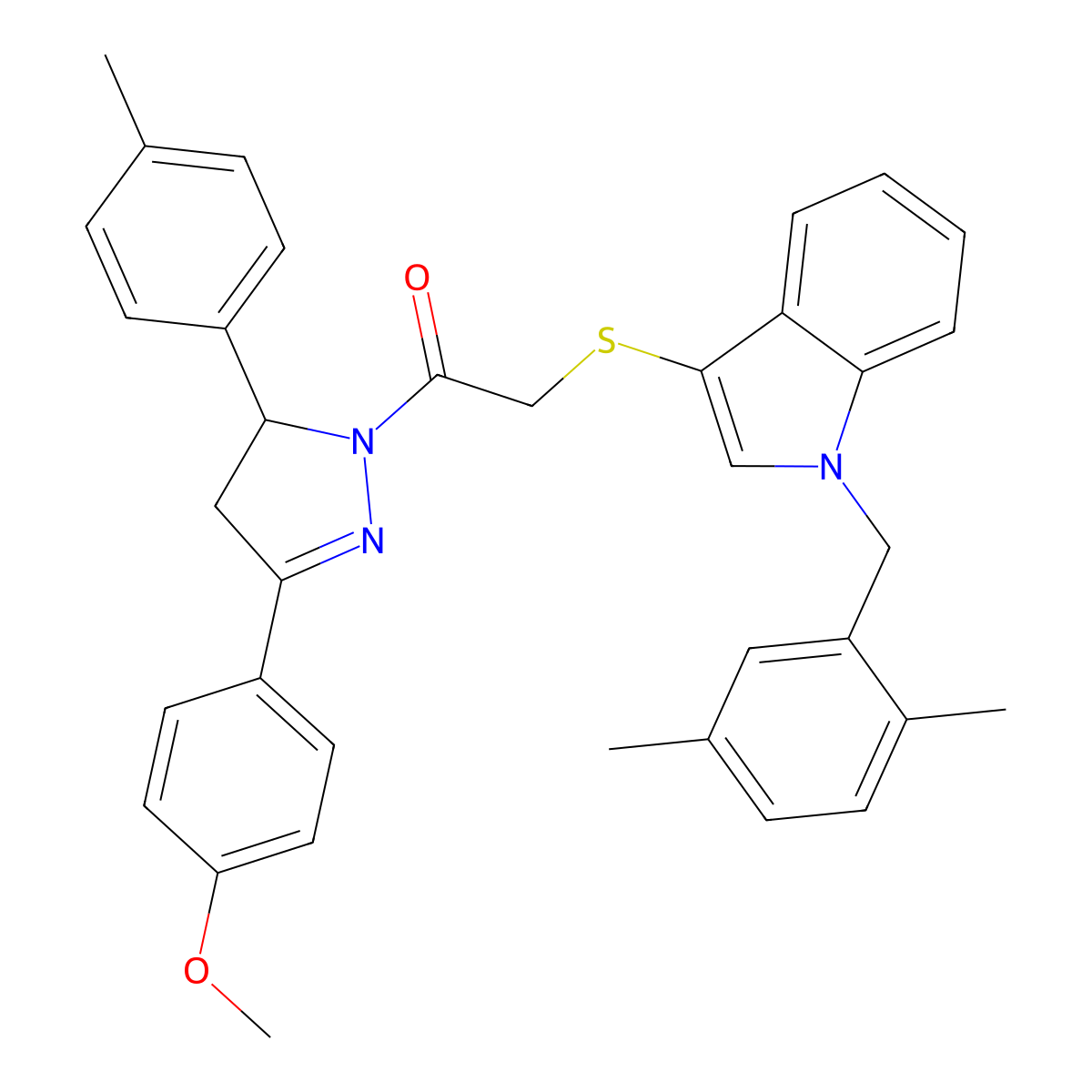 2-((1-(2,5-dimethylbenzyl)-1H-indol-3-yl)thio)-1-(3-(4-methoxyphenyl)-5-(p-tolyl)-4,5-dihydro-1H-pyrazol-1-yl)ethanone molecular structure, CAS 681279-80-1