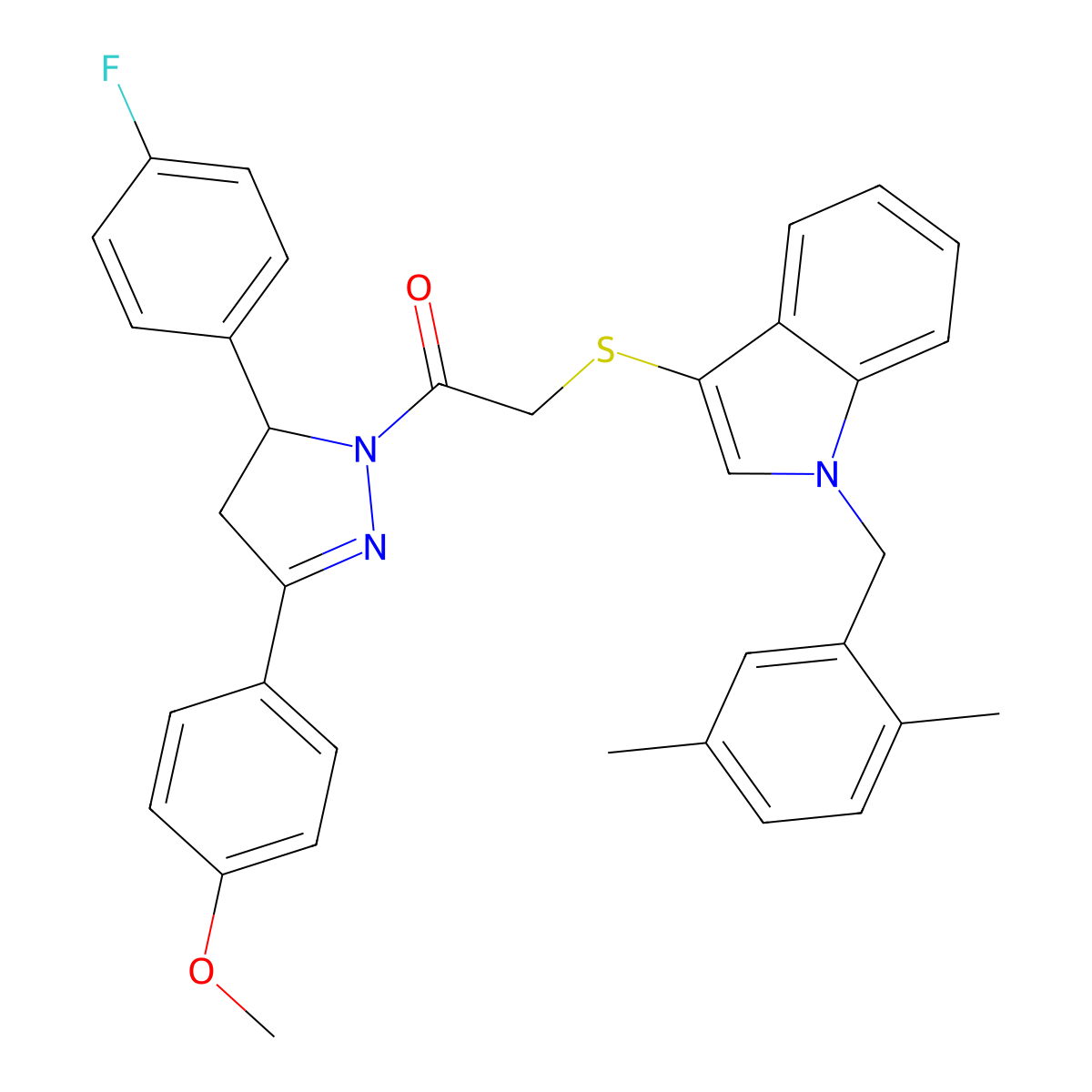 2-((1-(2,5-dimethylbenzyl)-1H-indol-3-yl)thio)-1-(5-(4-fluorophenyl)-3-(4-methoxyphenyl)-4,5-dihydro-1H-pyrazol-1-yl)ethanone molecular structure, CAS 681279-81-2