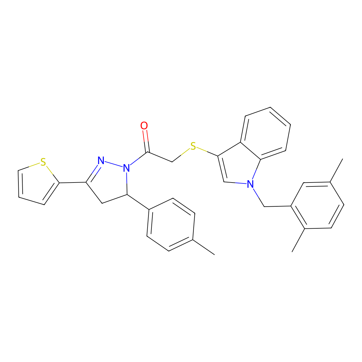 2-[1-[(2,5-Dimethylphenyl)methyl]indol-3-yl]sulfanyl-1-[3-(4-methylphenyl)-5-thiophen-2-yl-3,4-dihydropyrazol-2-yl]ethanone molecular structure, CAS 681279-82-3