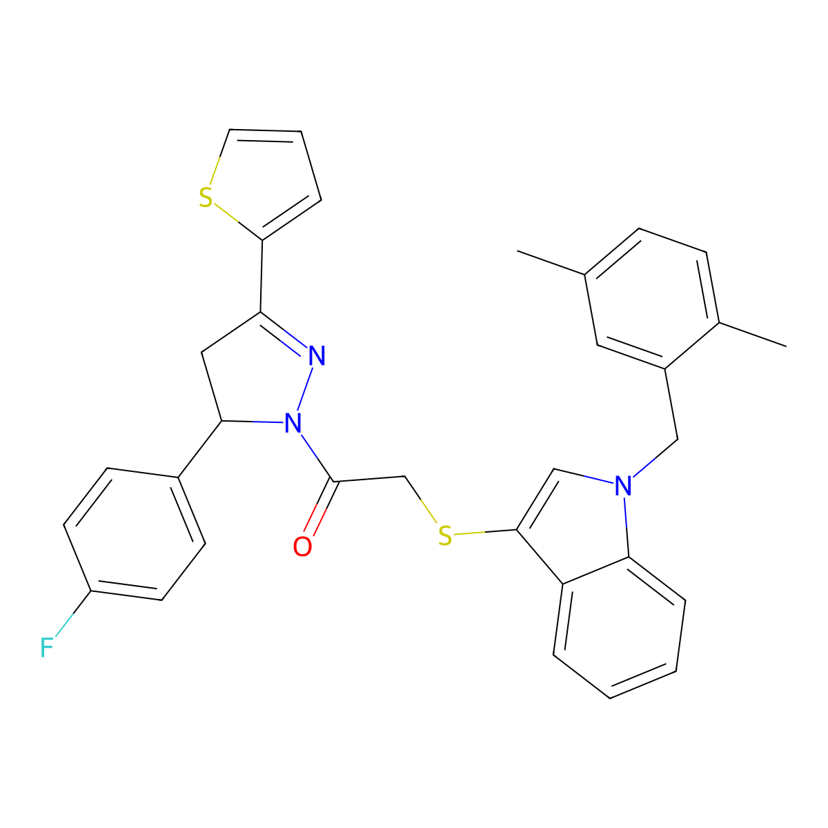 2-((1-(2,5-dimethylbenzyl)-1H-indol-3-yl)thio)-1-(5-(4-fluorophenyl)-3-(thiophen-2-yl)-4,5-dihydro-1H-pyrazol-1-yl)ethanone molecular structure, CAS 681279-83-4
