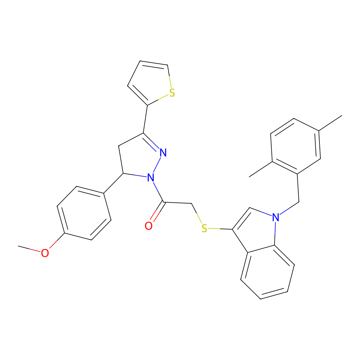 2-((1-(2,5-dimethylbenzyl)-1H-indol-3-yl)thio)-1-(5-(4-methoxyphenyl)-3-(thiophen-2-yl)-4,5-dihydro-1H-pyrazol-1-yl)ethanone molecular structure, CAS 681279-84-5