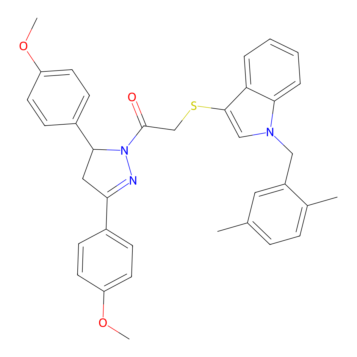 1-(3,5-bis(4-methoxyphenyl)-4,5-dihydro-1H-pyrazol-1-yl)-2-((1-(2,5-dimethylbenzyl)-1H-indol-3-yl)thio)ethanone molecular structure, CAS 681279-85-6