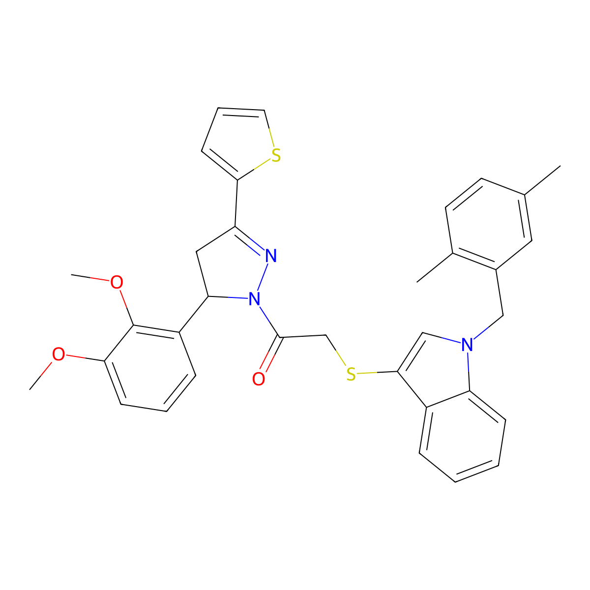 1-(5-(2,3-dimethoxyphenyl)-3-(thiophen-2-yl)-4,5-dihydro-1H-pyrazol-1-yl)-2-((1-(2,5-dimethylbenzyl)-1H-indol-3-yl)thio)ethanone molecular structure, CAS 681279-89-0