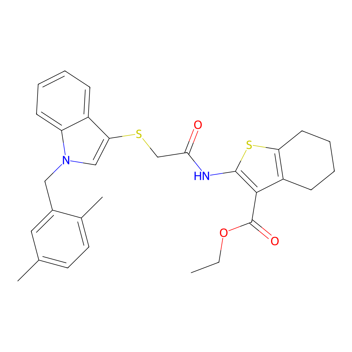 ethyl 2-(2-((1-(2,5-dimethylbenzyl)-1H-indol-3-yl)thio)acetamido)-4,5,6,7-tetrahydrobenzo[b]thiophene-3-carboxylate molecular structure, CAS 681279-90-3