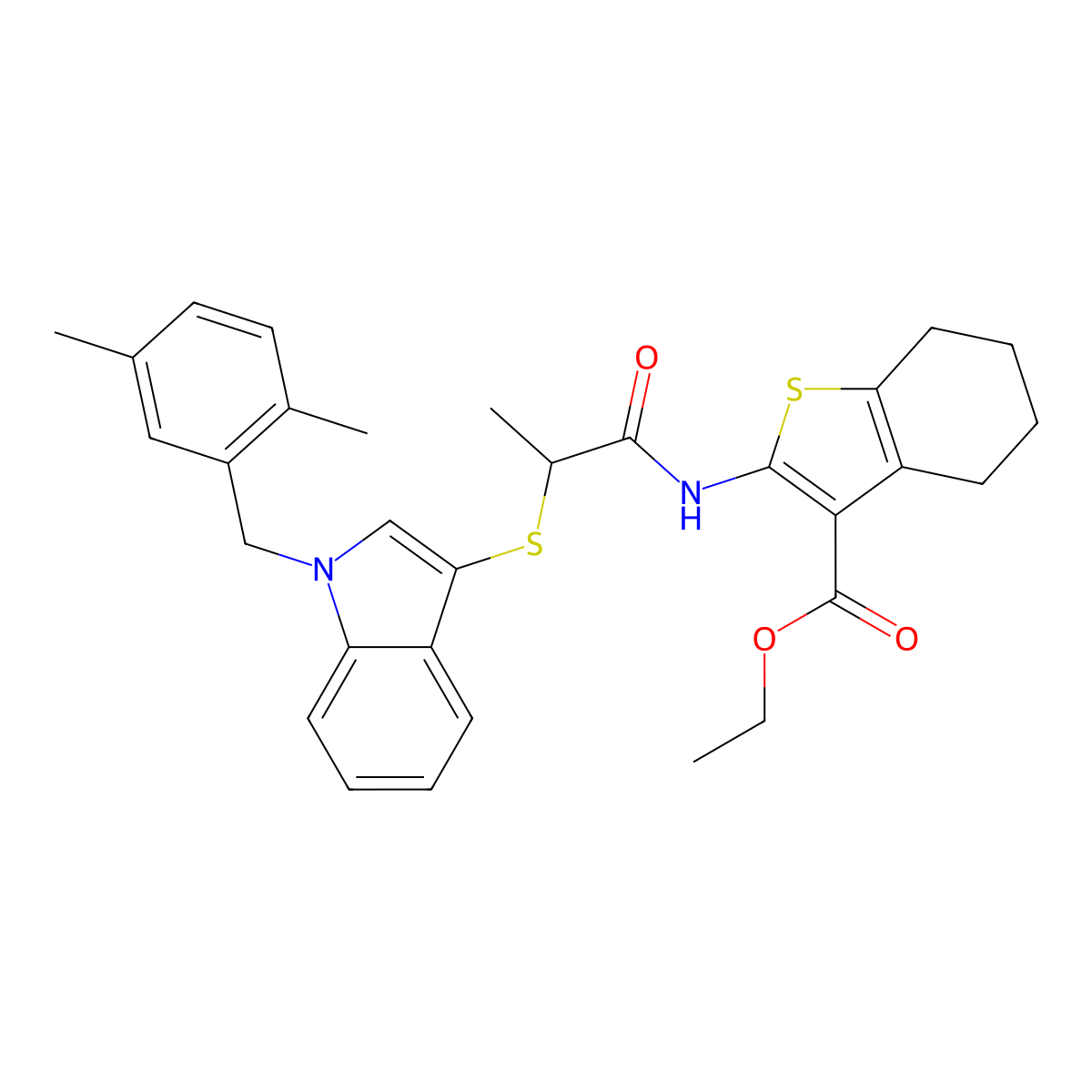 ethyl 2-(2-((1-(2,5-dimethylbenzyl)-1H-indol-3-yl)thio)propanamido)-4,5,6,7-tetrahydrobenzo[b]thiophene-3-carboxylate molecular structure, CAS 681279-91-4