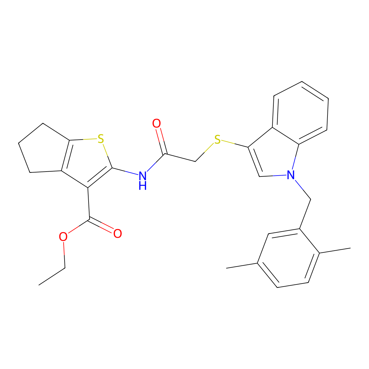 ethyl 2-(2-((1-(2,5-dimethylbenzyl)-1H-indol-3-yl)thio)acetamido)-5,6-dihydro-4H-cyclopenta[b]thiophene-3-carboxylate molecular structure, CAS 681279-92-5