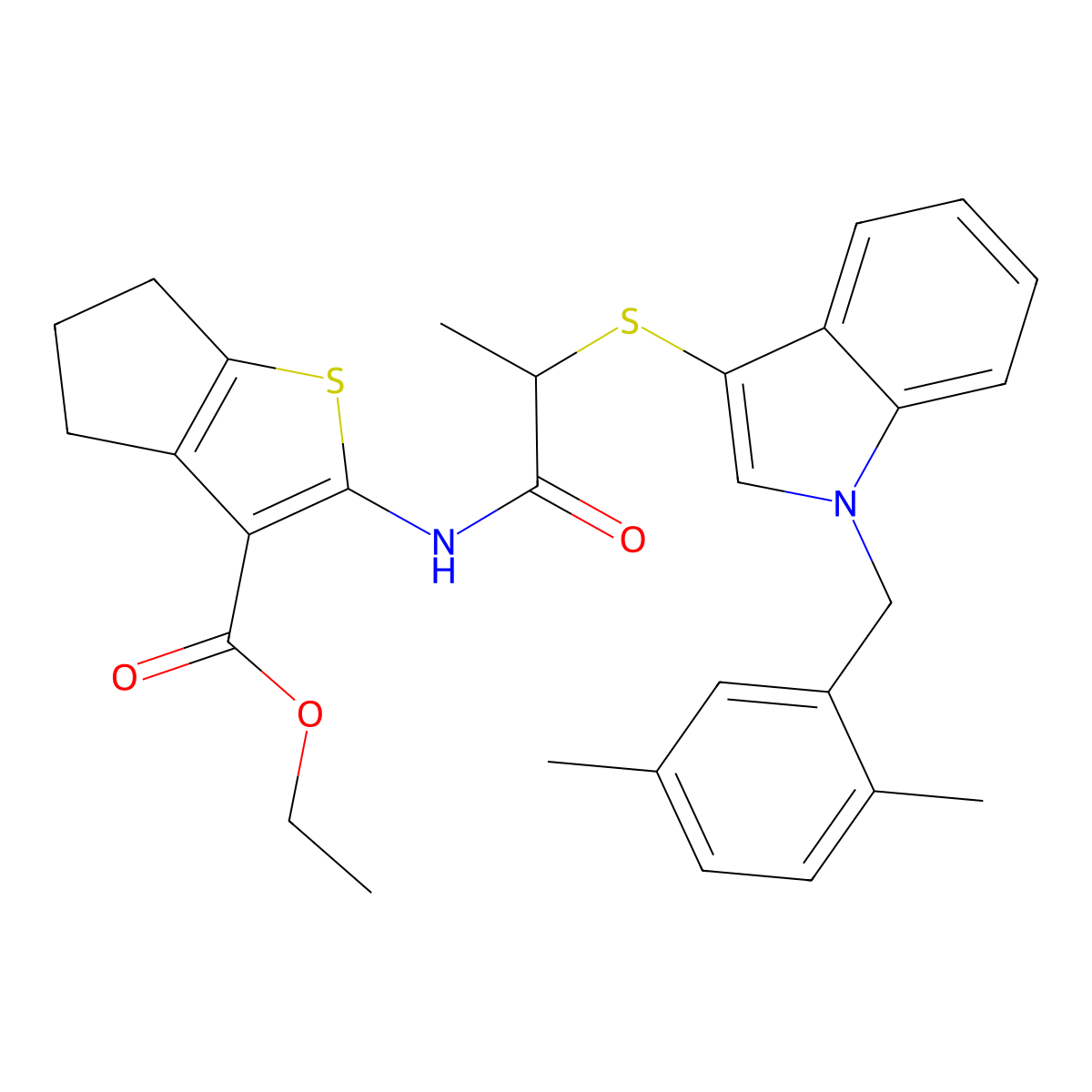 ethyl 2-[2-[1-[(2,5-dimethylphenyl)methyl]indol-3-yl]sulfanylpropanoylamino]-5,6-dihydro-4H-cyclopenta[b]thiophene-3-carboxylate molecular structure, CAS 681279-93-6