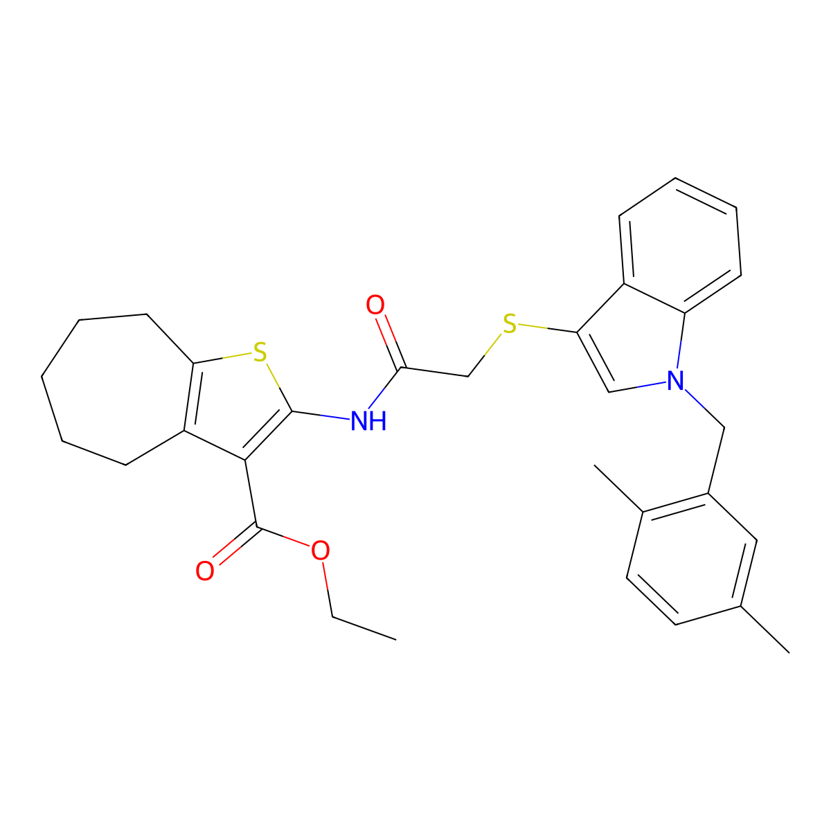 ethyl 2-(2-((1-(2,5-dimethylbenzyl)-1H-indol-3-yl)thio)acetamido)-5,6,7,8-tetrahydro-4H-cyclohepta[b]thiophene-3-carboxylate molecular structure, CAS 681279-94-7