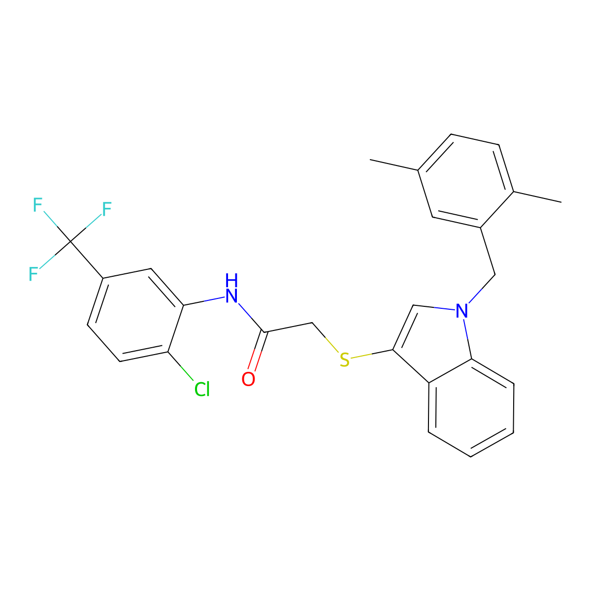 N-[2-chloro-5-(trifluoromethyl)phenyl]-2-[1-[(2,5-dimethylphenyl)methyl]indol-3-yl]sulfanylacetamide molecular structure, CAS 681280-00-2