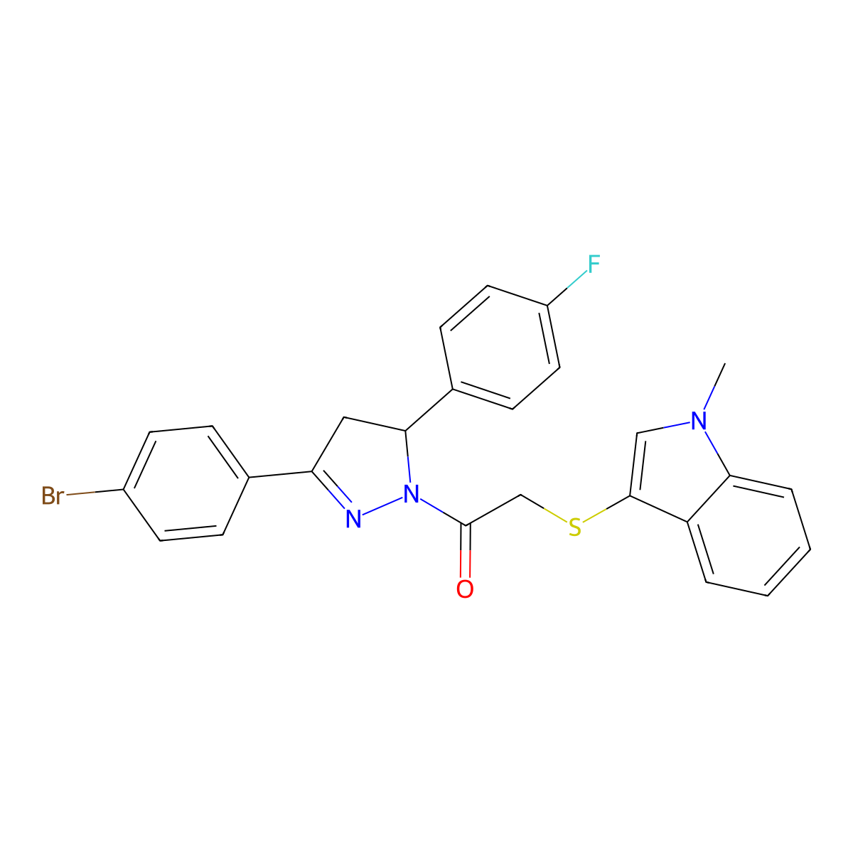 1-(3-(4-bromophenyl)-5-(4-fluorophenyl)-4,5-dihydro-1H-pyrazol-1-yl)-2-((1-methyl-1H-indol-3-yl)thio)ethanone molecular structure, CAS 681280-11-5