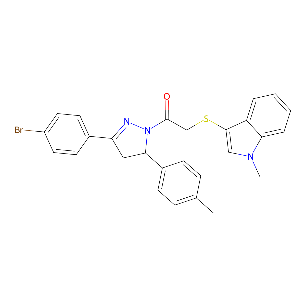 1-[5-(4-Bromophenyl)-3-(4-methylphenyl)-3,4-dihydropyrazol-2-yl]-2-(1-methylindol-3-yl)sulfanylethanone molecular structure, CAS 681280-12-6
