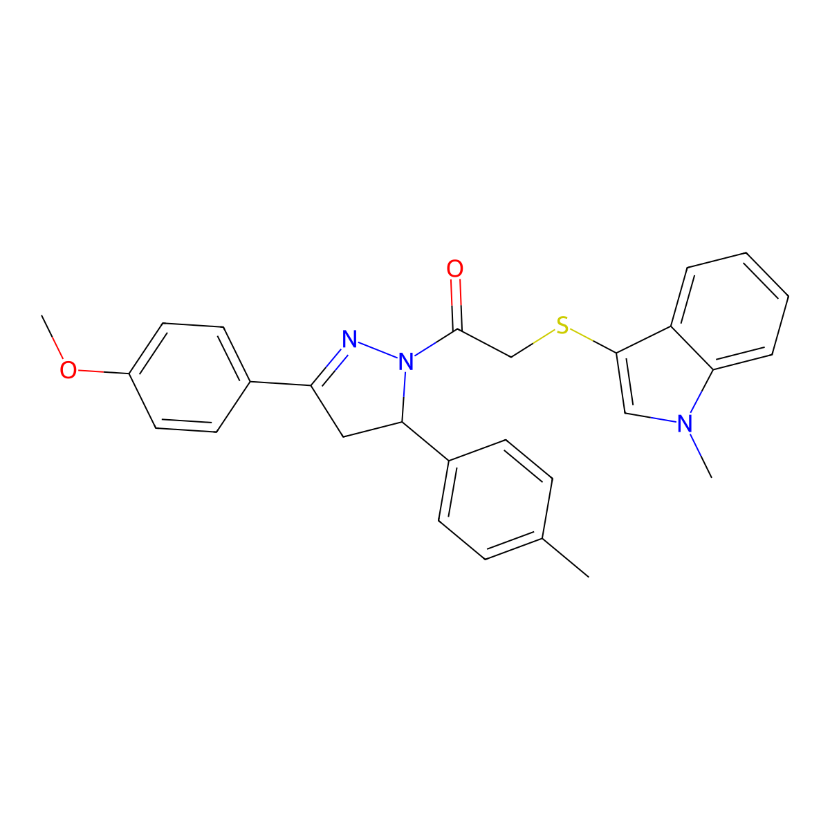 1-(3-(4-methoxyphenyl)-5-(p-tolyl)-4,5-dihydro-1H-pyrazol-1-yl)-2-((1-methyl-1H-indol-3-yl)thio)ethanone molecular structure, CAS 681280-13-7