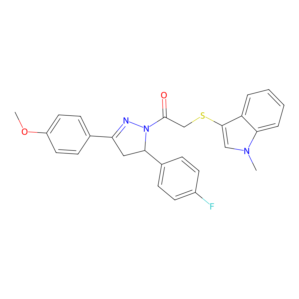 1-(5-(4-fluorophenyl)-3-(4-methoxyphenyl)-4,5-dihydro-1H-pyrazol-1-yl)-2-((1-methyl-1H-indol-3-yl)thio)ethanone molecular structure, CAS 681280-14-8