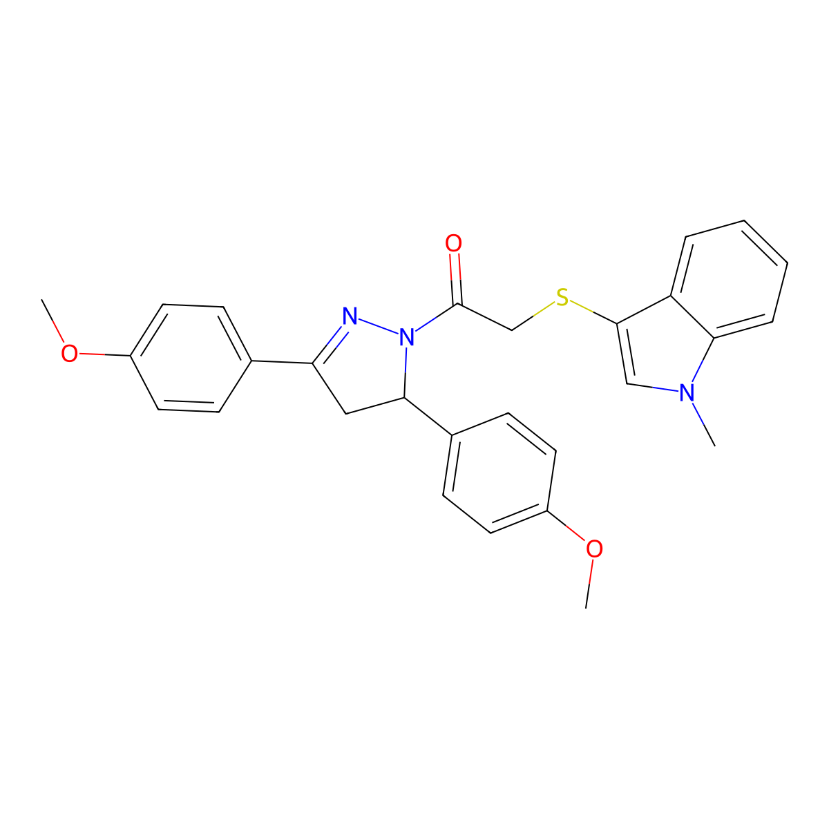 1-(3,5-bis(4-methoxyphenyl)-4,5-dihydro-1H-pyrazol-1-yl)-2-((1-methyl-1H-indol-3-yl)thio)ethanone molecular structure, CAS 681280-15-9