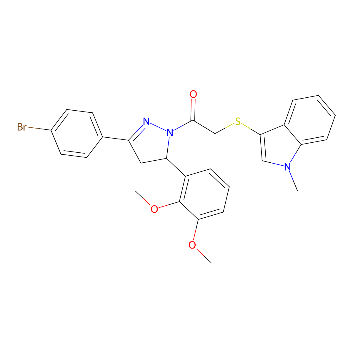 1-(3-(4-bromophenyl)-5-(2,3-dimethoxyphenyl)-4,5-dihydro-1H-pyrazol-1-yl)-2-((1-methyl-1H-indol-3-yl)thio)ethanone molecular structure, CAS 681280-18-2
