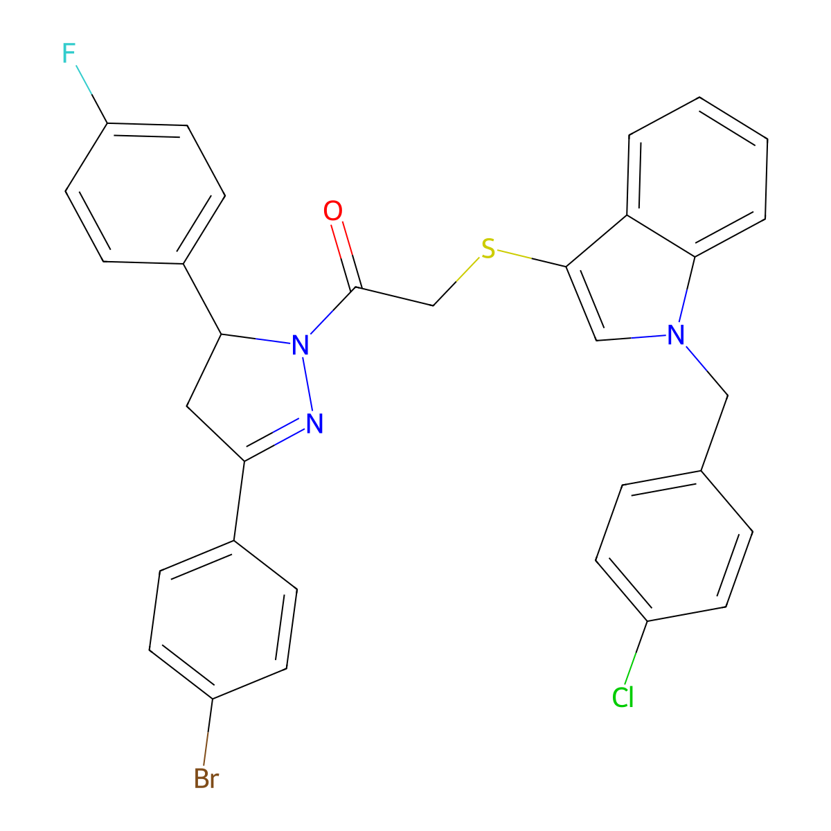 1-[5-(4-Bromophenyl)-3-(4-fluorophenyl)-3,4-dihydropyrazol-2-yl]-2-[1-[(4-chlorophenyl)methyl]indol-3-yl]sulfanylethanone molecular structure, CAS 681280-39-7