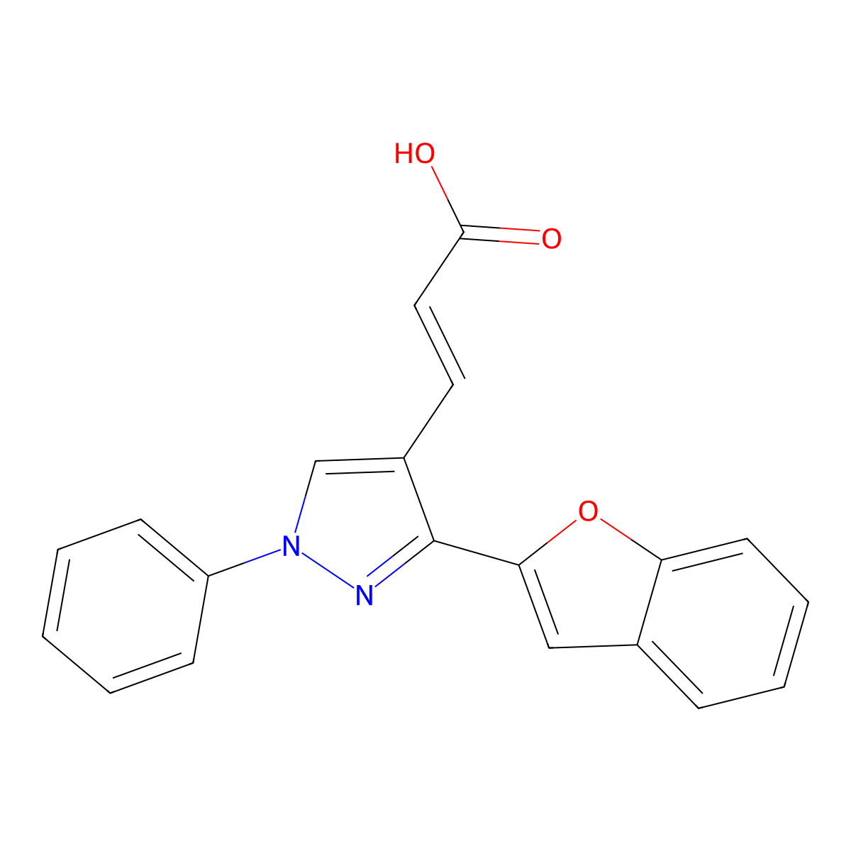 (2E)-3-(3-(1-benzofuran-2-yl)-1-phenyl-1H-pyrazol-4-yl)prop-2-enoic acid molecular structure, CAS 681282-39-3
