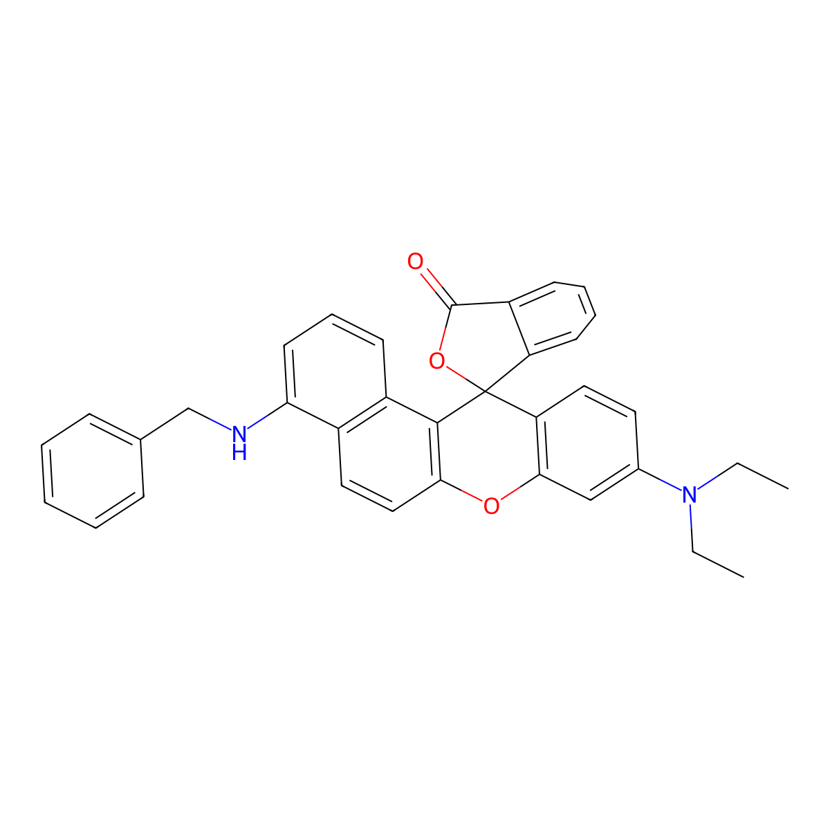 Spiro[12H-benzo[a]xanthene-12,1'(3'H)-isobenzofuran]-3'-one, 9-(diethylamino)-4-[(phenylmethyl)amino]- molecular structure, CAS 68134-60-1