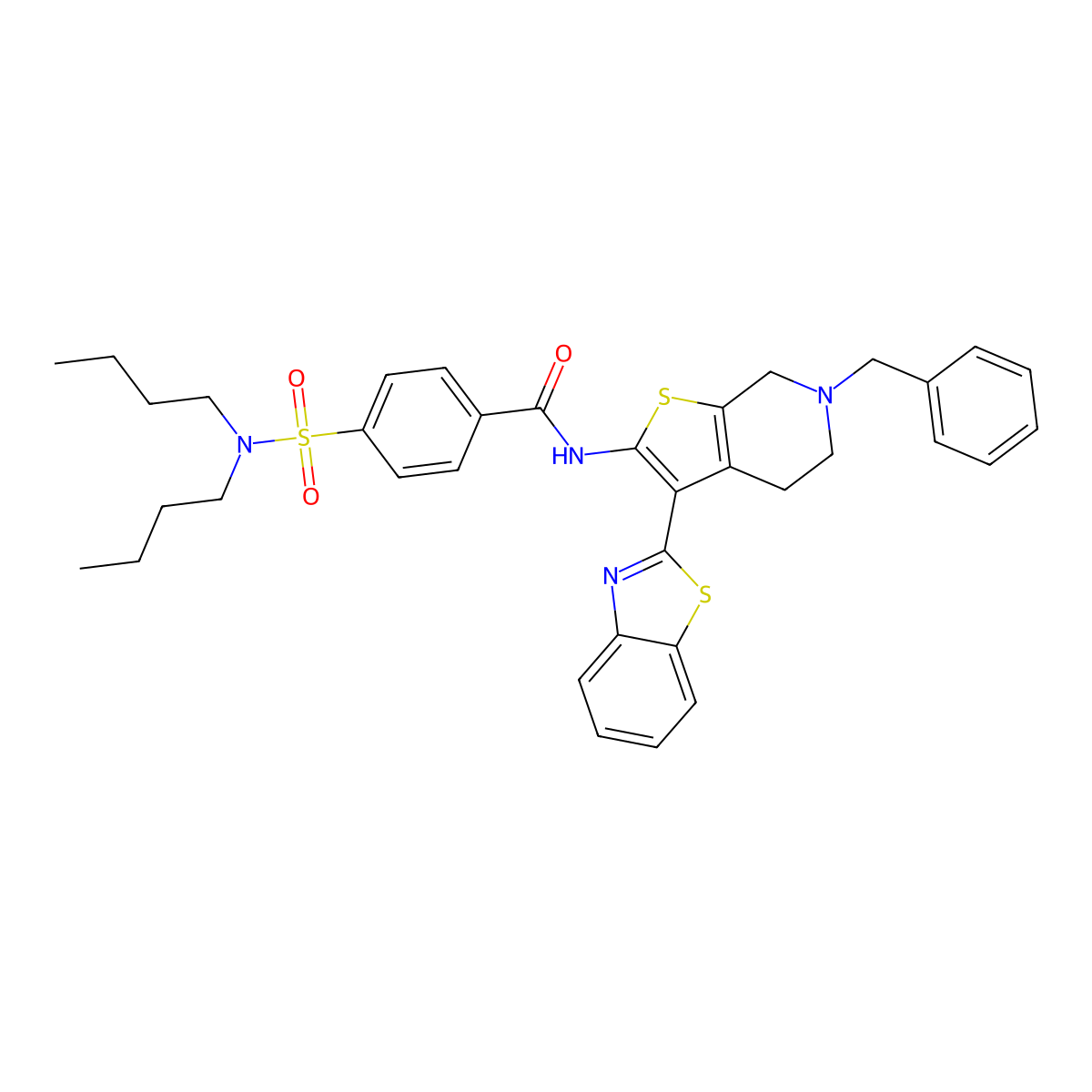 N-(3-(benzo[d]thiazol-2-yl)-6-benzyl-4,5,6,7-tetrahydrothieno[2,3-c]pyridin-2-yl)-4-(N,N-dibutylsulfamoyl)benzamide molecular structure, CAS 681435-68-7